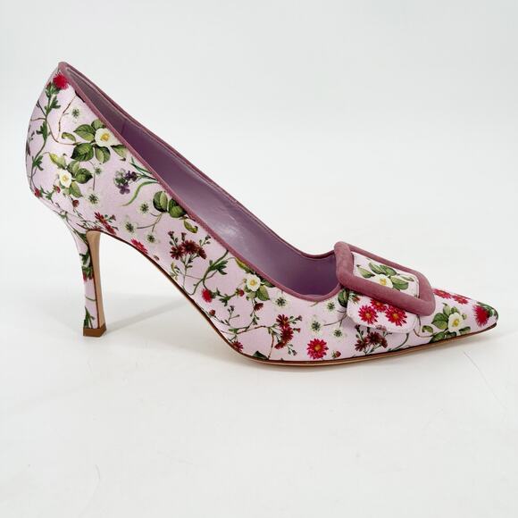 Manolo Blahnik Maysale Pink Floral Satin Buckle Pumps IT 39.5 Pointed Toe Heels - Picture 2 of 11